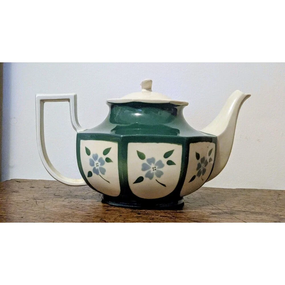Vintage Porcelier Vitreous China Teapot Green White Geometric Floral  With Lid